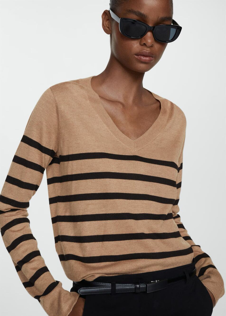 MNG Women's Brown Black Knit Striped V Neck Long Sleeve Sweater Top Size L